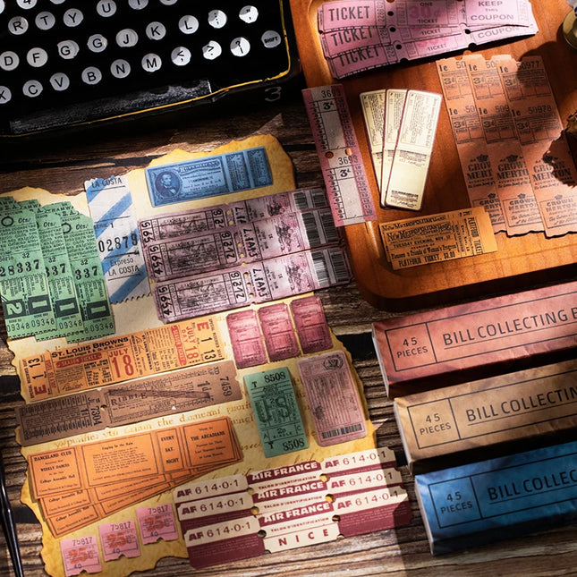 Vintage Boxed Stickers 45 pcs Ticket Style Retro Decor Sticker DIY Handmade Labels Scrapbooking Material Craft Supplies