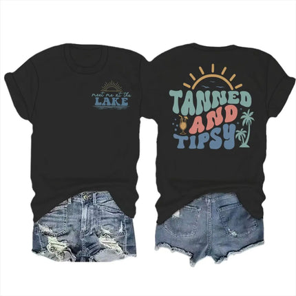 Summer Beach Series T-shirts For Women Men "Tanned And Tipsy" Vacation Trip Tshirt Crewneck Short Sleeve Casual Camisetas Mujer