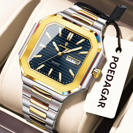 POEDAGAR Top Luxury Brand Men's Watch Waterproof Luminous Date Week Quartz Men's Watches Stainless Steel Fashion Square Men's Watch
