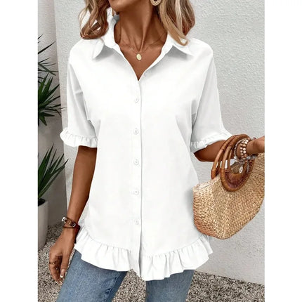 Plus Size 1XL-5XL Summer New Women's Clothing Solid Color Loose Ruffle Hem Loose Shirt ﻿