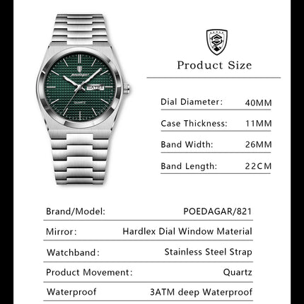 POEDAGAR Luxury Original Men's Watch Waterproof Stainless Steel Luminous Men's Wristwatch Date Week Quartz Fashion Watches For Men
