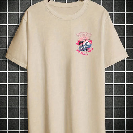 Men's Summer 100% Cotton Tokyo Casual Pattern Printed Fashionable Loose Round Neck Short Sleeve T-Shirt Top
