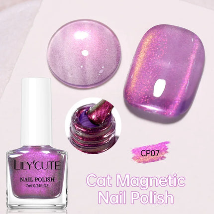LILYCUTE 7ml Silver Glass Cat Magnetic Nail Polish Pink Colorful Shining Effect Nail Art Varnish No Need Lamp Air Dry