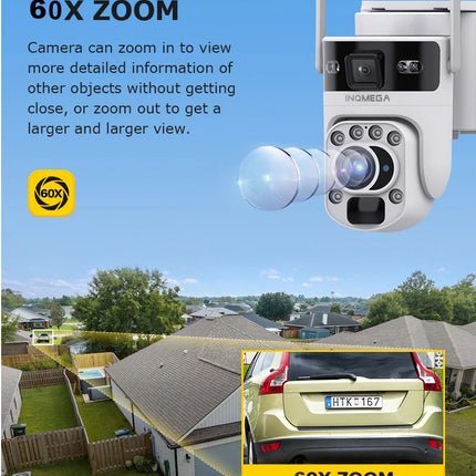 INQMEGA 12MP 60X Optics Zoom Dual Screen 4G /WIFI Solar Camera Securty Outdoor  PIR Human Detection Color Night Vision UBOX APP