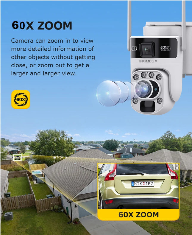 INQMEGA 12MP 60X Optics Zoom Dual Screen 4G /WIFI Solar Camera Securty Outdoor  PIR Human Detection Color Night Vision UBOX APP