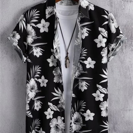 Hawaiian Botanical Flower Print Men's and Women's Short Sleeve Lapel Seaside Button-Down Shirt Top Casual Fashionable Shirts