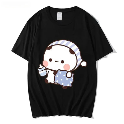 Couple T-shirt Cute BuBu Panda Going to Sleep with DuDu Bear Graphic T-shirt Women Clothes Sleeve Tops Women's Clothing