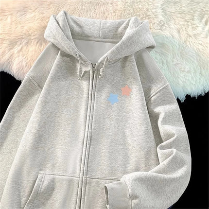 Cute Star Print Zipper Hooded Jacket Spring And Autumn Thin Collection Fashion Trends Versatile Casual Lazy Wind Sweatshirt Girl