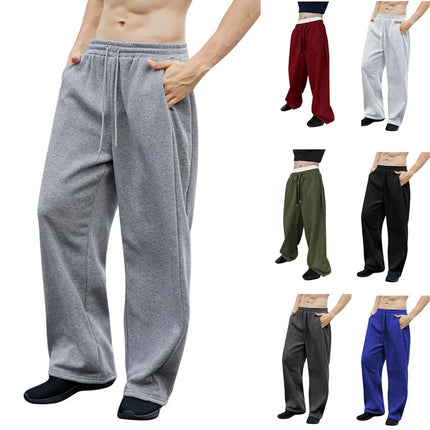 Men's Solid Color Sanitary Winter Pants 2025 Drawstring Waist Straight Wide Leg Loose Fit with Pockets Versatile Sports Trousers