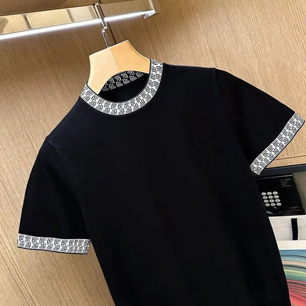 Luxury Men's Short Sleeve T-Shirt 2025 New Summer Trend Splicing Threaded Ice Silk Knitted Short Sleeve Men