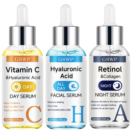 GSWP Day & Night Serum Set,Vitamin C + Retinol + Hyaluronic Acid Serums,Deeply moisturizes,tightens and brightens the face.2/3PC