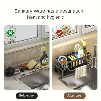 Drill-Free Sink Organizer Multi-Use Sponge Soap Holder Draining Rack for Kitchen Countertop Storage Waterproof Shelf 1PC