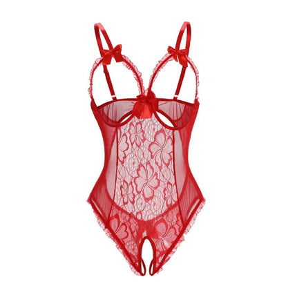 Fashion Deep V Lace Bow Bodysuit Mesh Hollow Transparent Lace Sling Nightwear Open Crotch Backless Sleeveless Jumpsuits Gifts