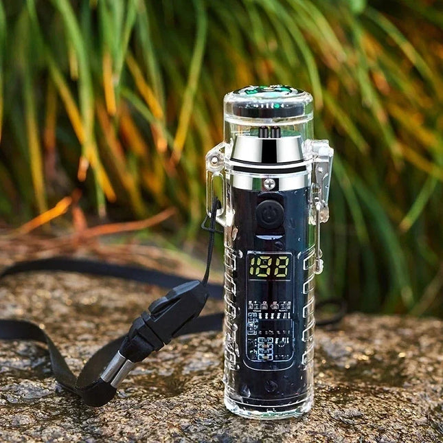 Waterproof Outdoor Camping Compass Dual Arc Type-C Plasma USB Electric Lighter Multi-Function Flashlight Survival Ignition Tool