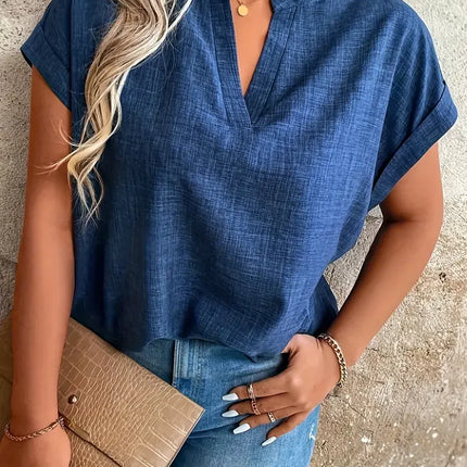 Plus Size 1XL-5XL Women's Fashion Notched V-Neck Batwing Sleeve Blouse Ladies Fashion Short Sleeve Solid Color Elegant Shirt