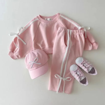 4295  Baby Clothing Set Spring Autumn Korean Sports Girl's Suit Bow Bar Splicing Sweater +Pant Two-piece Suit.