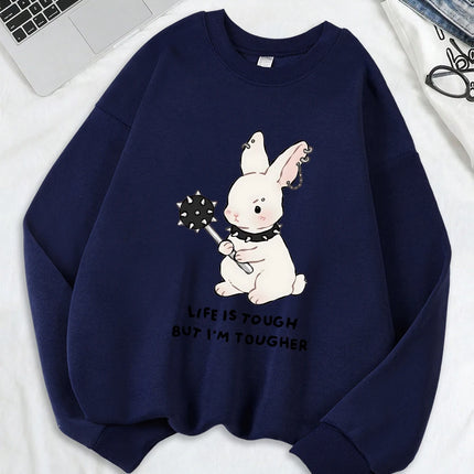 Cute Punk Style Rabbit Printing Sweatshirts Women Soft Fleece Warm Hoodie Winter Loose Pullover Casual Crewneck Woman Clothes