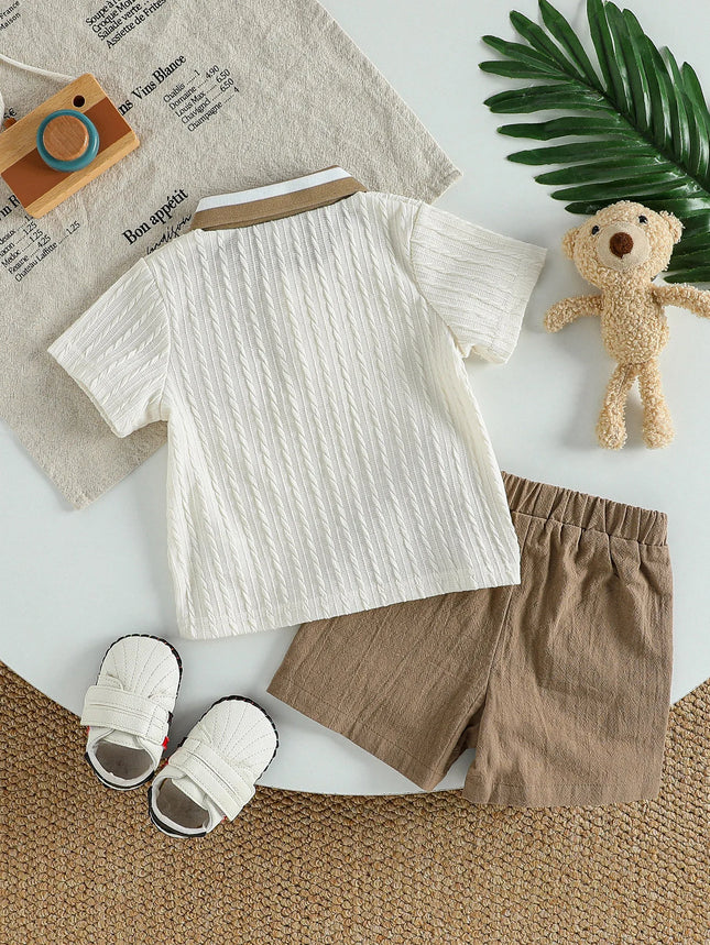 2Pcs Toddler Baby Boy Shorts Set Summer Outfit Infant Bear Collared Short Sleeve Cable T-Shirts And Shorts Kids Clothes For 1-3Y