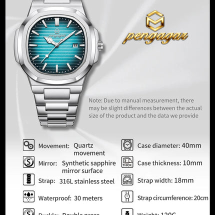 2025 New Luxury Military Man Watch Square Waterproof Luminous Date Week Men Watch Stainless Steel Quartz Men's Watches Reloj+box
