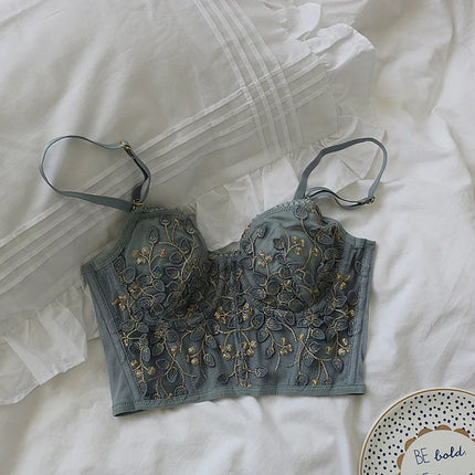 Three-Dimensional Embroidered Bra Sexy Lace Fishbone Corset Widened Breastplate With Steel Ring 1/2 Half Cup Bralette Underwear
