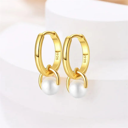 925 Sterling Silver Gold Pearl Hoop Earrings Pave Large Circular Shape Earring Gift for Women Jewelry Anniversary Wedding