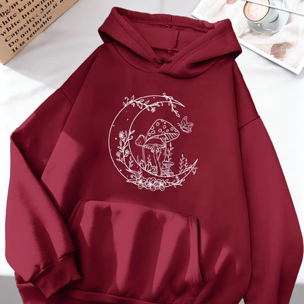 Mushroom Butterfly Moon Flower Prints Women Hoodies Autumn Pocket Streetwear Loose Casual Pullover Comfortable Fleece Hoody
