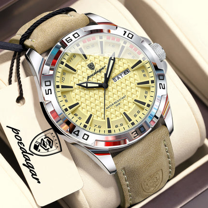 POEDAGAR Top Fashion High Quality Men's Watch Waterproof Luminous Date Week Watch for Men Leather Military Men's Quartz Wristwatch