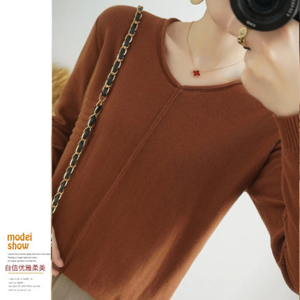 2023 Autumn/Winter Women's New Pullover Casual Solid 100% Cotton Knitted V-Neck Loose Sweater Fashion Soft Breathable Top