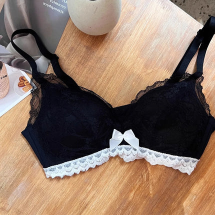Wireless French Bralette for Small Chest, No Adjustable Push Up Lace Bra Set, Comfort Sexy Non Padded Lingerie for Women MOYISU