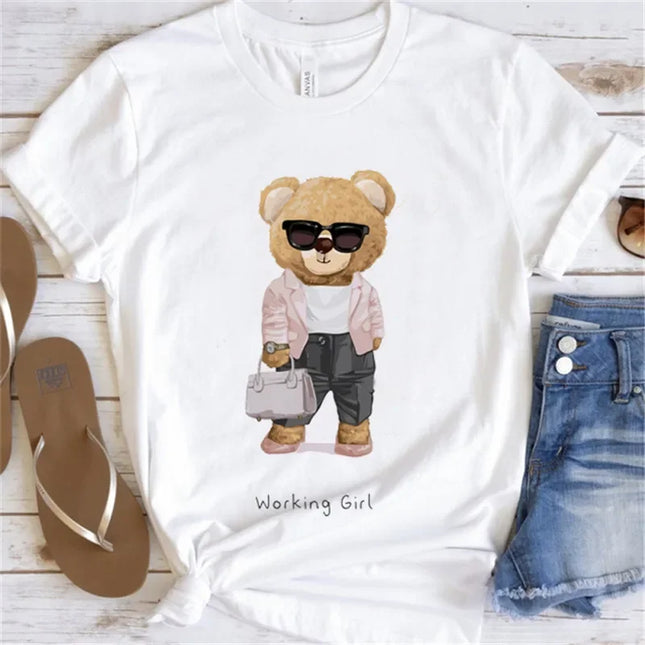 Women's Cute Bear Graphic T-shirt Short-Sleeved Clothes Women's Print T-shirt Summer 90s Fashion Style Women's Fashion T-shirt