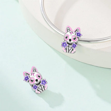 925 Sterling Silver Inlaid Heart-Shaped Beads & Rose Dangle Charm Fits Snake Bracelet Boutique Necklace Purple Pendant Gift