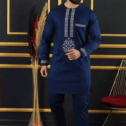 New Dashiki Men's Set Grey Round Neck Long Sleeve Luxury Brand Men's Suit Casual Slim Fit Men's Set Wedding Evening Suit