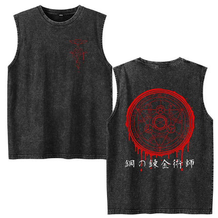 Anime Fullmetal Alchemist Vintage Washed Tank Tops Funny Manga Brotherhood Eyes T-shirts Fashion Casual Sleeveless Vest T-shirts