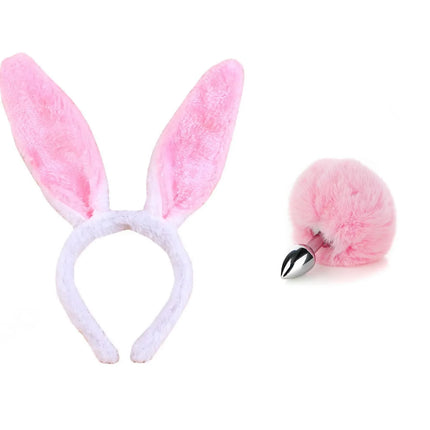 Anal Plug Bunny Tail Set, 2Pcs Metal Stainless Steel Buttplug, Flared Base for Safety, Adult Sex Toy for Couple Play