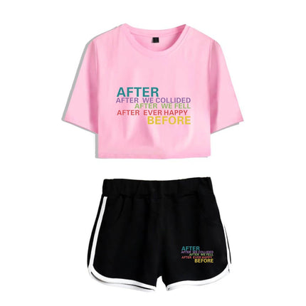 Youthful Black White After We Collided Girl Dew navel Two Piece Set Sexy Short Sleeve Crop T-shirts+Shorts Pants Tracksuit