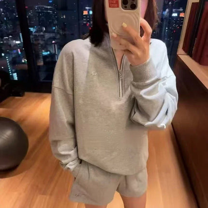Cotton Casual Stand Up Collar Sports Hoodie Autumn Winter Fitness Clothing Long Sleeved Top Simple Elegant Loose Zipper Hoodie