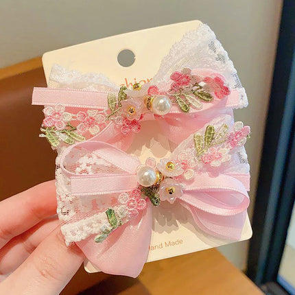 2PCS/Set Cute Flower Embroidery Bow Hair Clips for Baby Girl Sweet Bowknot Duck Tongue Clips Kids Barrettes Fairy Headdress