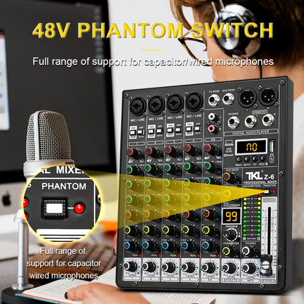 TKLBLS Professional 6-Channel 99DSP Audio Mixer 48V Phantom Power USB Studio Karaoke Bluetooth DJ Console Mixer