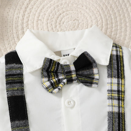 Newborn Literary Style Boy Baby Lapel False Strap Black Plaid Color Matching Jumpsuit Long Sleeve Button Cardigan Pantyband Hat