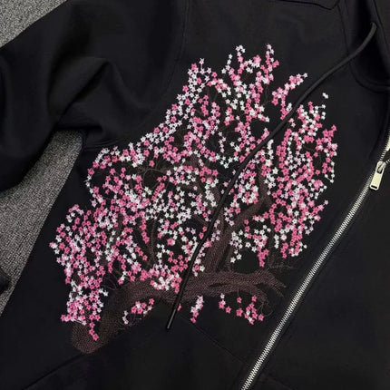 Personality Retro Trend Zipper Casual Hoodies Flower Tree Pattern Street Style Women Harajuku Goth Embroidery Y2k Relaxed Coat