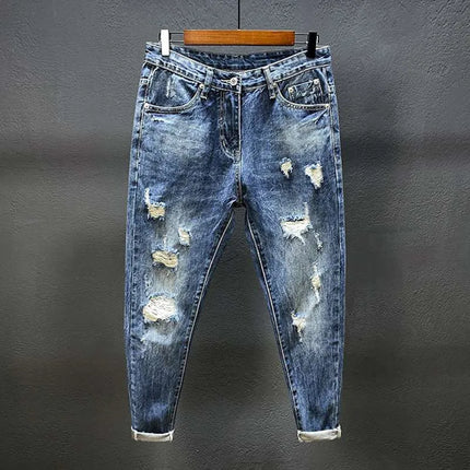Nine-point jeans with holes for men's thin fashion brand slim feet in summer and summer Korean  style spring and autumn pants