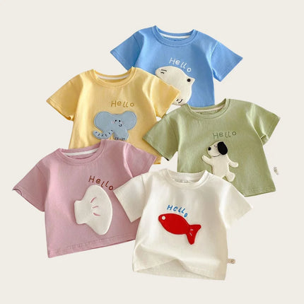 2026 New Summer Kids Clothes Cute Cartoon Patch Short Sleeve T-shirt 0-5Y Girls Boys Letter Print Casual Soft Undershirt