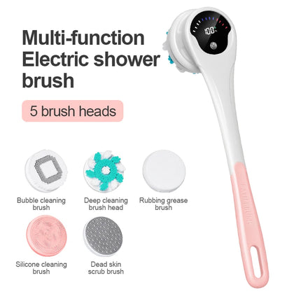 Electric Body Brush Back Skin Scrubber for Shower Waterproof Bath Brush with 5 Heads 3 Levels for Cleansing and Massaging Skin