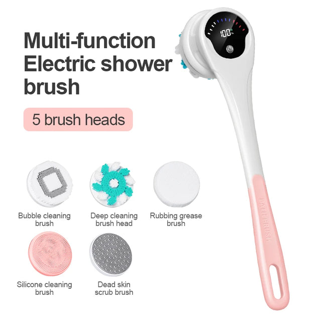 Electric Body Brush Back Skin Scrubber for Shower Waterproof Bath Brush with 5 Heads 3 Levels for Cleansing and Massaging Skin
