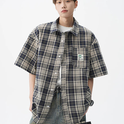 Summer High Street Fashion Plaid Short Sleeve Shirts Men's Pocket Appliques Baggy T Shirt 2026 New Y2K Vintage Luxury Blouse