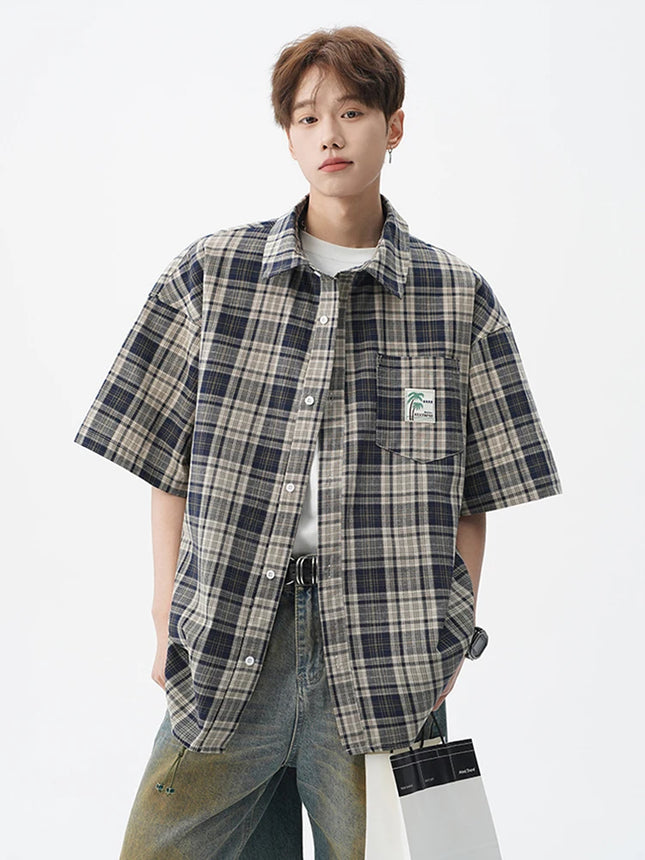 Summer High Street Fashion Plaid Short Sleeve Shirts Men's Pocket Appliques Baggy T Shirt 2026 New Y2K Vintage Luxury Blouse