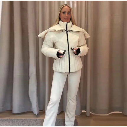 Women Peplum Ski Jackets Hooded Stand Collar Belt Waist Zipper Solid Puffer Jacket Fashion Sheath Warm Sport Winter 2025 Skiwear