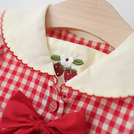 Baby Girl Dress Summer Red Checkered Cotton Sleeveless Girl Dress Cute Cherry Embroidery Bow Girl Princess Dress