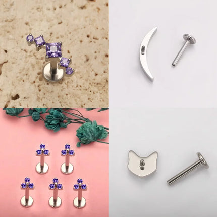 F136 Titanium Alloy Fashion Purple Zirconia Stud Earring Set with Cartilage Piercing Lip Stud and Ear Lobe Body Piercing Jewelry