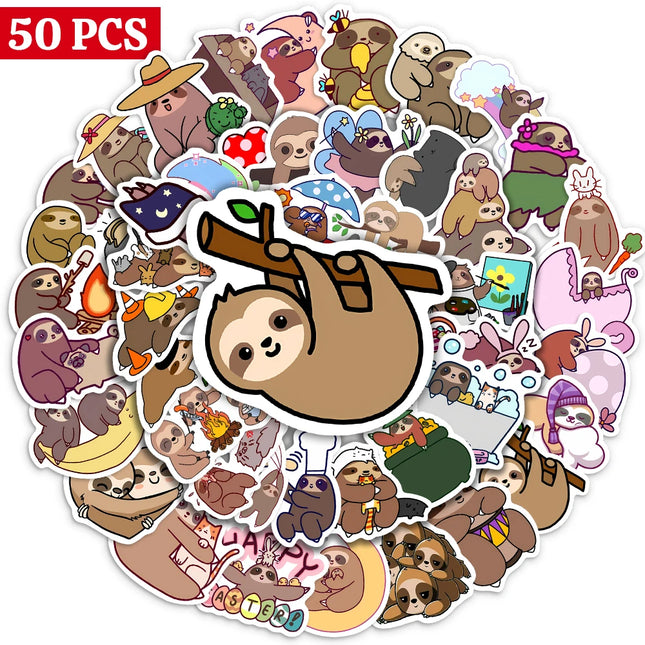 10/25/50PCS Cute Sloth Animal Cartoon Stickers for Laptop Luggage Phone Scooter Funny Vinyl Decal for Kids Girl Children Gift